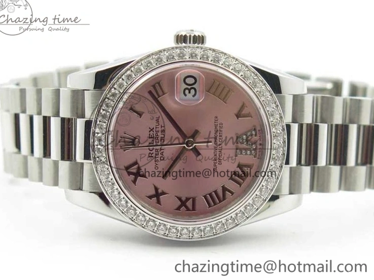 MiroTime 0402 Datejust 31mm 278275 SS Crystal Bezel BP Maker Best Edition Pink Roman Dial Crystal @6 on SS President Bracelet Contemporary 3082